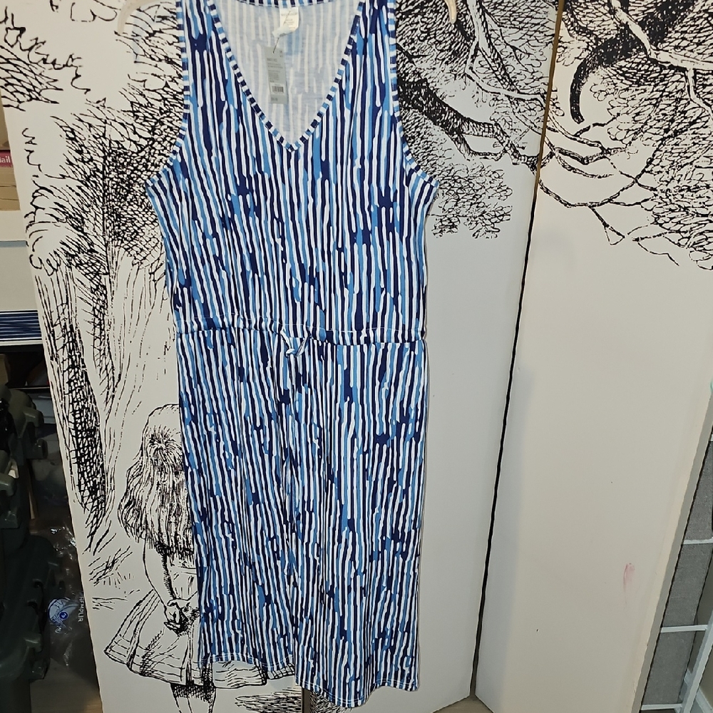 West Loop Blue and White Sleeveless V-Neck Sundress